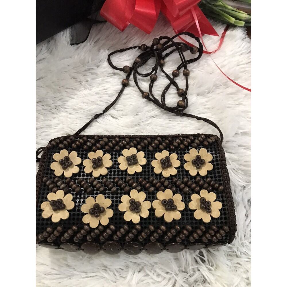 VINTAGE Y2K Robin Ruth Crossbody Handbag Purse Shoulder Bag Wooden Flower Beads